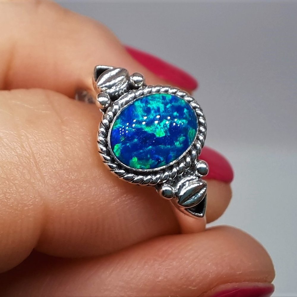Handcrafted Antiqued 925 Sterling Silver Ring, Genuine Blue Fire Opal